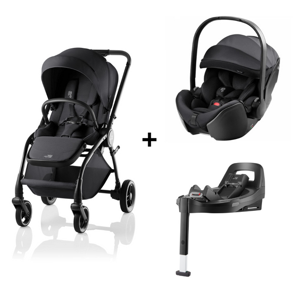 BRITAX RÖMER RIO STYLE DUO + BASE com carrinho leve e compacto Rio Style, cadeira auto Baby-Safe Pro com tecnologia Ergo Recline, base ISOFIX Vario 5Z com rotação de 180° e adaptadores incluídos. Sistema de viagem completo desde o nascimento. Carbon Black