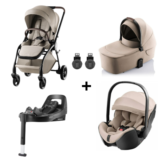 BRITAX RÖMER RIO STYLE TRIO + BASE com carrinho Rio Style, alcofa Rio, cadeira auto Baby-Safe Pro com tecnologia Ergo Recline e base ISOFIX Vario 5Z com rotação de 180°. Sistema de viagem completo desde o nascimento até aos 22 kg. Teak