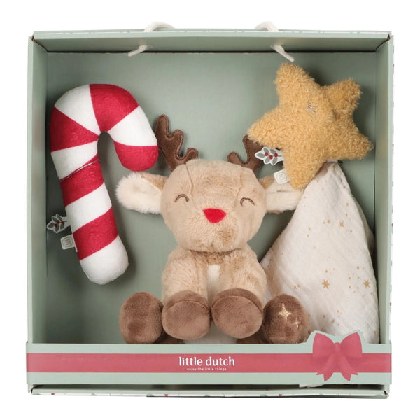 Caixa Presente de Natal Christmas para bebé com três acessórios macios: doudou em forma de estrela, roca bengala doce e peluche de rena.