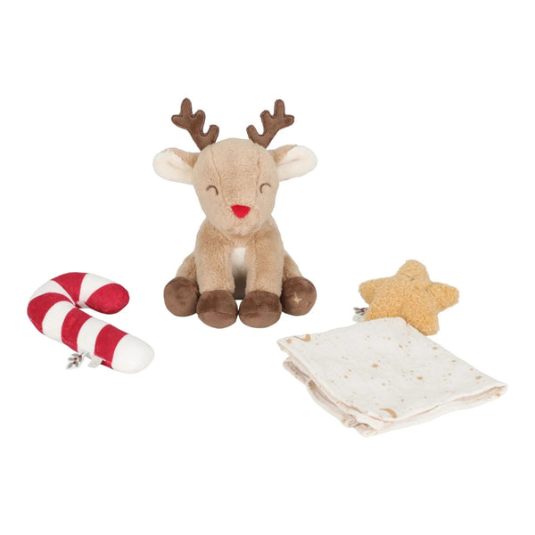 Caixa Presente de Natal Christmas para bebé com três acessórios macios: doudou em forma de estrela, roca bengala doce e peluche de rena.
