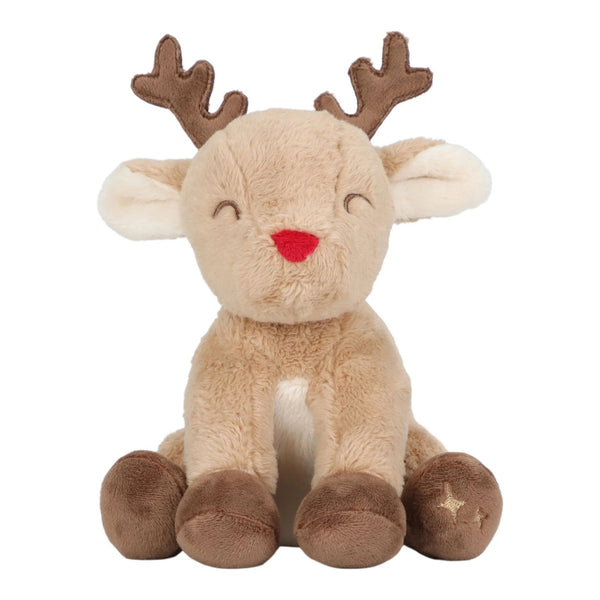 Caixa Presente de Natal Christmas para bebé com três acessórios macios: doudou em forma de estrela, roca bengala doce e peluche de rena.