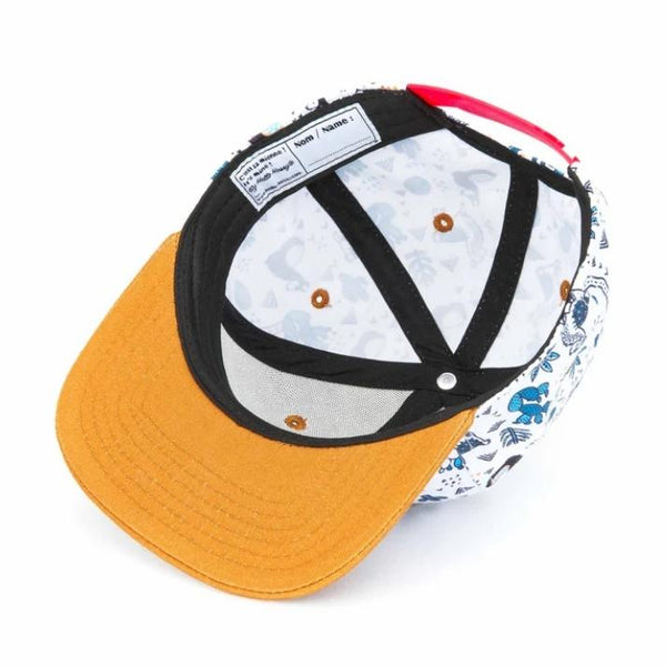 Chapeu Bone Hello Hossy padrão lama laranja branco e azul