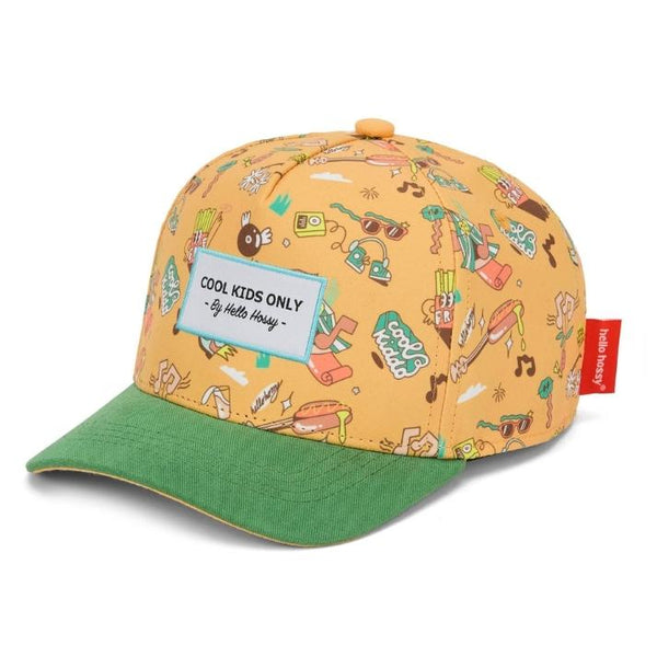 Chapeu Bone para criança Hello Hossy padrão music festival ride laranja e verde