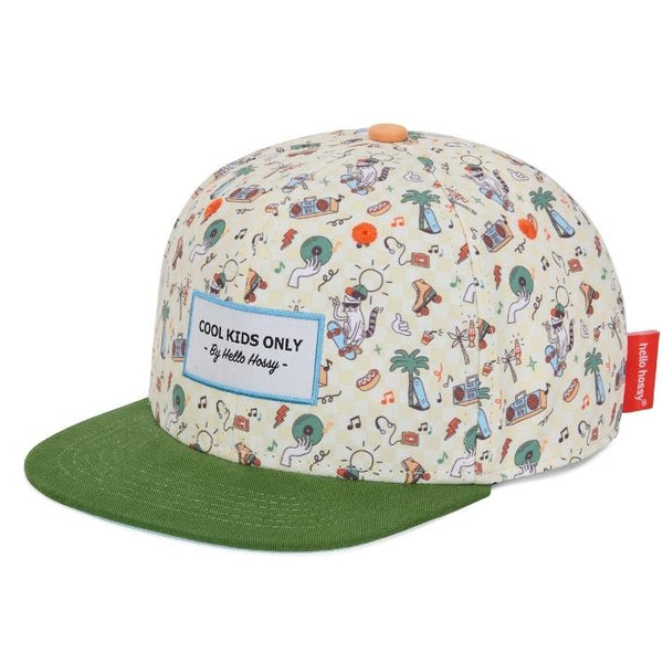 Chapeu Bone para criança Hello Hossy padrão musicat verde e beje