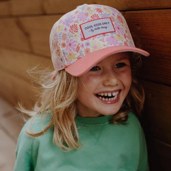 Chapeu Bone para criança Hello Hossy padrão retro flowers rosa