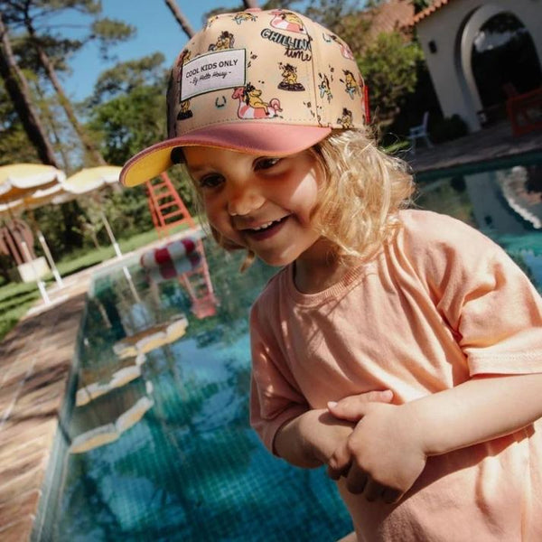 Chapeu Bone para criança Hello Hossy padrão unicorn rosa e beje