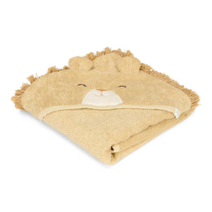 Conjunto Presente de Banho em 100% algodão orgânico com capa e luva de banho, design de leão e tecido suave para o bebé.