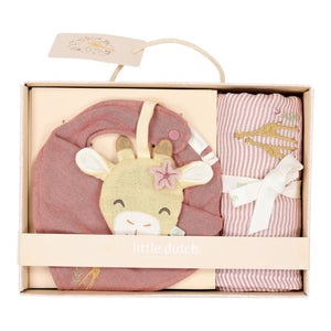 Conjunto Presente Little Dutch em algodão orgânico com doudou porta-chupeta girafa, babete bandana em musselina e fralda de pano.