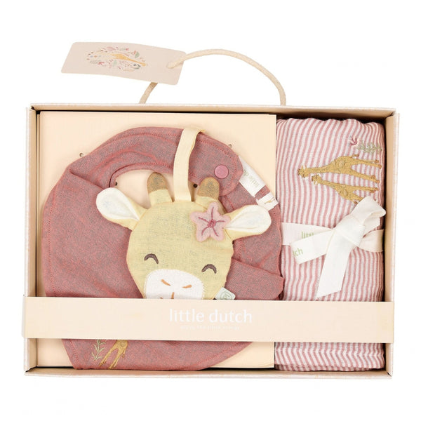 Conjunto Presente Little Dutch em algodão orgânico com doudou porta-chupeta girafa, babete bandana em musselina e fralda de pano.