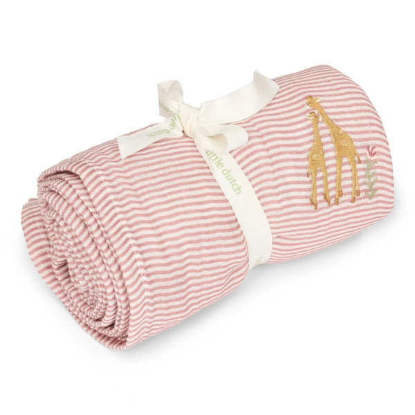 Conjunto Presente Little Dutch em algodão orgânico com doudou porta-chupeta girafa, babete bandana em musselina e fralda de pano.