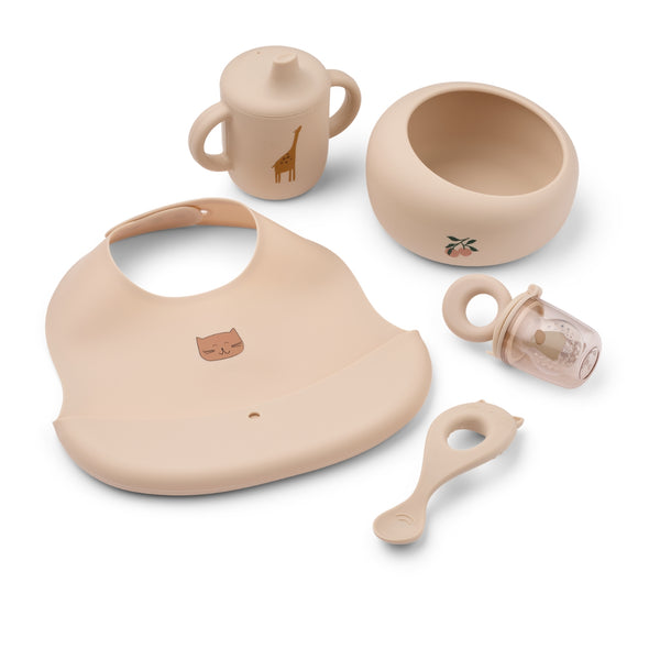 Conjunto de refeição para bebé em silicone com babete, tigela, copo, colher e mordedor, resistente e adequado para as primeiras refeições.
Apple Blossom