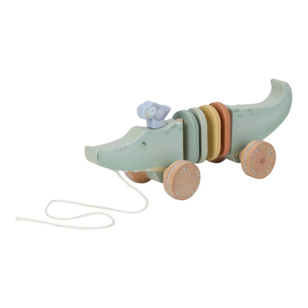 Crocodilo de Puxar Safari Friends em madeira, com rodas resistentes, argolas decorativas e pequeno pássaro, brinquedo para estimular a motricidade infantil.