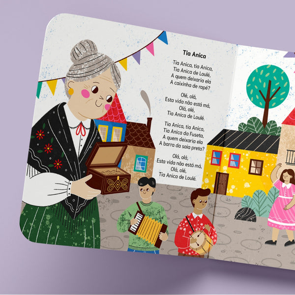 Livro musical infantil Ó i Ó Ai com seis canções tradicionais portuguesas, páginas interativas com sensores e utilização dos 1 aos 5 anos.