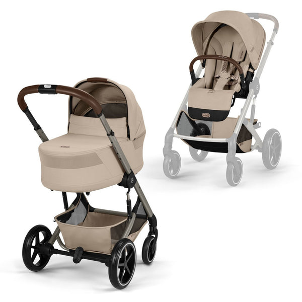 CYBEX Balios S Lux Duo com alcofa Cot S Lux, carrinho de bebé Travel System com suspensão avançada, assento reversível, capota XXL UPF 50+ e utilização desde o nascimento até aos 4 anos. Almond Beige