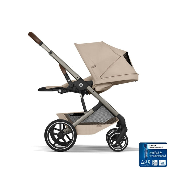 CYBEX Balios S Lux Duo com Alcofa Dobrável, carrinho de bebé com Travel System, fecho compacto, suspensão avançada, assento reversível e alcofa dobrável desde o nascimento até aos 4 anos. Almond Beige