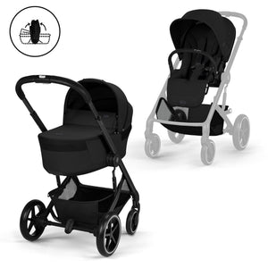 CYBEX Balios S Lux Duo com Alcofa Dobrável, carrinho de bebé com Travel System, fecho compacto, suspensão avançada, assento reversível e alcofa dobrável desde o nascimento até aos 4 anos. Moon Black