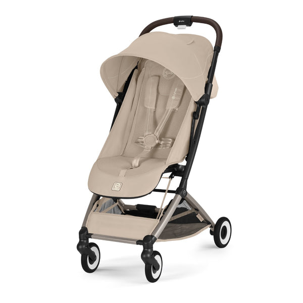 Carrinho de bebé CYBEX Orfeo ultracompacto com reclinação horizontal, arnês One-Pull, compatível com bagagem de mão e Travel System desde o nascimento até aos 22 kg Almond Beige