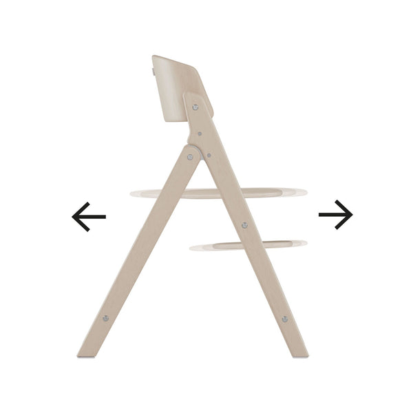 Cadeira CYBEX Click & Fold em madeira de faia sustentável, dobrável e compacta, com assento e apoio para os pés ajustáveis e posição ergonómica. Sone Blue