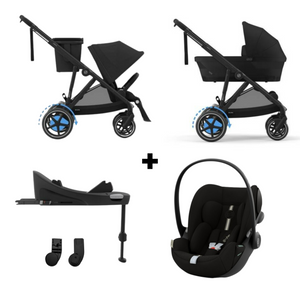 CYBEX e-GAZELLE S BLACK TRIO + BASE com carrinho elétrico, alcofa Gazelle S, cadeira auto Cloud G Plus com reclinação ergonómica, Base G ISOFIX e adaptadores incluídos. Sistema de viagem premium desde o nascimento.