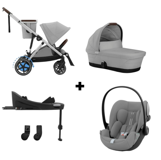 CYBEX e-GAZELLE S SILVER TRIO + BASE com carrinho elétrico, alcofa Gazelle S, cadeira auto Cloud G Plus com posição horizontal, Base G ISOFIX e adaptadores. Sistema de viagem premium desde o nascimento até aos 22 kg por criança.