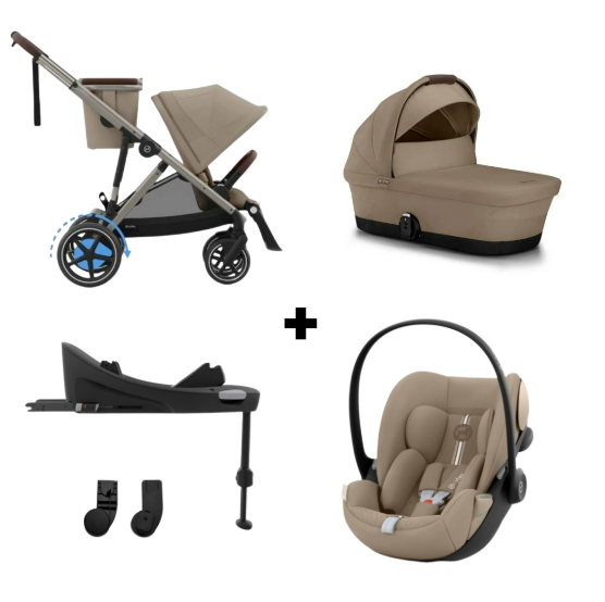CYBEX e-GAZELLE S TAUPE TRIO + BASE com carrinho elétrico, alcofa Gazelle S, cadeira auto Cloud G Plus com reclinação ergonómica, Base G ISOFIX e adaptadores incluídos. Sistema de viagem premium desde o nascimento. Almond Beige