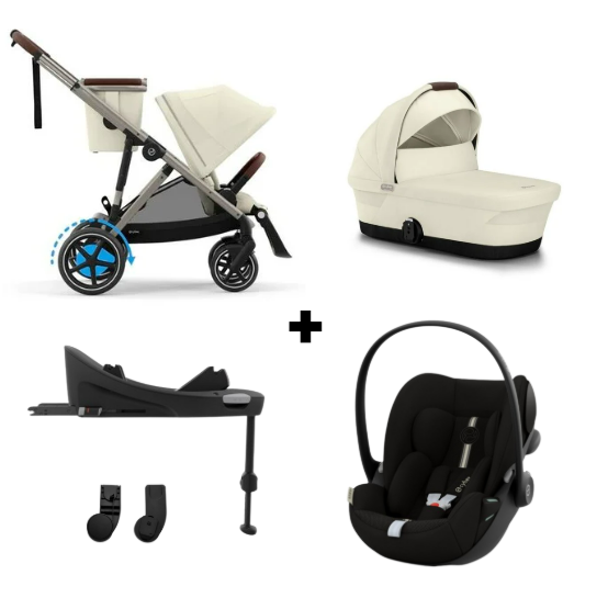 CYBEX e-GAZELLE S TAUPE TRIO + BASE com carrinho elétrico, alcofa Gazelle S, cadeira auto Cloud G Plus com reclinação ergonómica, Base G ISOFIX e adaptadores incluídos. Sistema de viagem premium desde o nascimento. Seashel Beige