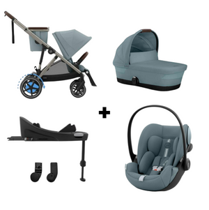 CYBEX e-GAZELLE S TAUPE TRIO + BASE com carrinho elétrico, alcofa Gazelle S, cadeira auto Cloud G Plus com reclinação ergonómica, Base G ISOFIX e adaptadores incluídos. Sistema de viagem premium desde o nascimento. Stormy Blue