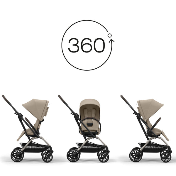 CYBEX EEZY S TWIST+ 2 TAUPE, carrinho de bebé compacto com assento rotativo de 360°, rodas todo-o-terreno, arnês One-Pull, fecho com uma mão e compatibilidade com cadeiras auto CYBEX, Maxi-Cosi e BeSafe desde o nascimento até aos 22 kg. Almond Beige