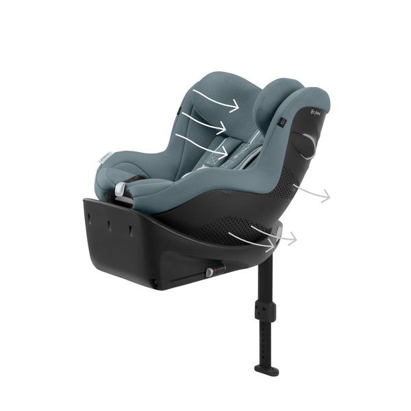 Cadeira auto CYBEX Sirona Gi Plus i-Size com rotação de 360°, tecido Plus respirável, proteção lateral L.S.P., reclinação em 5 posições e utilização desde o nascimento até aos 105 cm. Stormy Blue