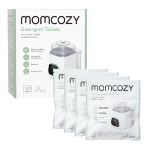 Detergente para Máquina de Lavar Biberões Momcozy com 120 pastilhas efervescentes para KleanPal Pro, ideal para limpar biberões, tetinas e acessórios de alimentação.