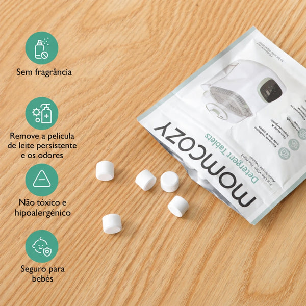 Detergente para Máquina de Lavar Biberões Momcozy com 120 pastilhas efervescentes para KleanPal Pro, ideal para limpar biberões, tetinas e acessórios de alimentação.