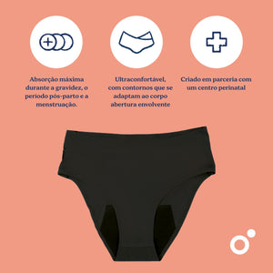 Cueca Pós-parto e Menstrual Doomoo Flowly com elevada absorção, proteção até 12 horas, tecido sem costuras e ajuste confortável durante a gravidez, pós-parto e menstruação.