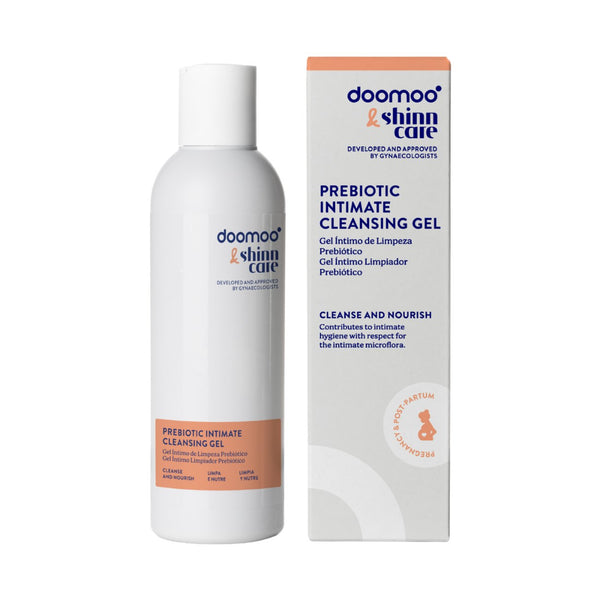 Gel de Limpeza Íntimo Prebiótico Doomoo x Shinncare, fórmula sem sabão com prebióticos, camomila e pantenol para uma higiene íntima suave durante a gravidez, pós-parto e uso diário.