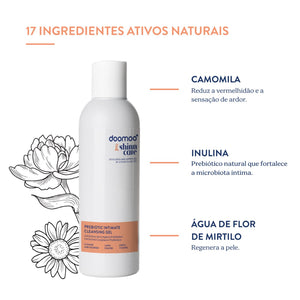 Gel de Limpeza Íntimo Prebiótico Doomoo x Shinncare, fórmula sem sabão com prebióticos, camomila e pantenol para uma higiene íntima suave durante a gravidez, pós-parto e uso diário.