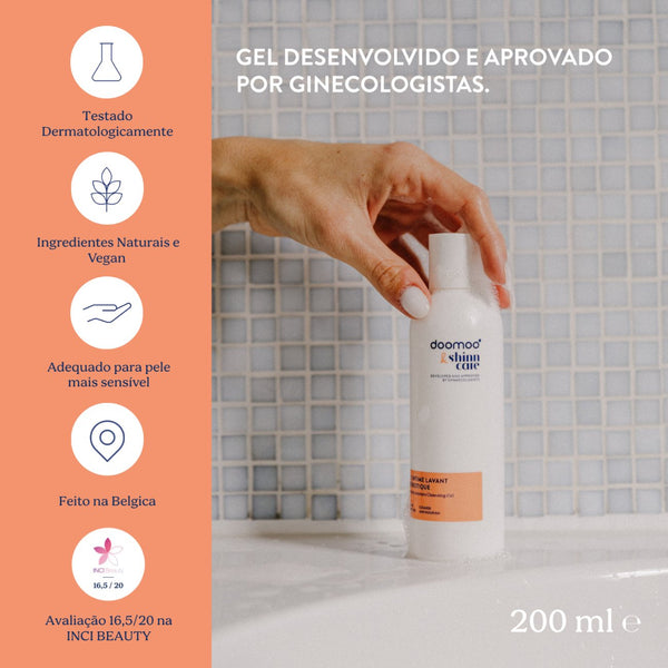 Gel de Limpeza Íntimo Prebiótico Doomoo x Shinncare, fórmula sem sabão com prebióticos, camomila e pantenol para uma higiene íntima suave durante a gravidez, pós-parto e uso diário.