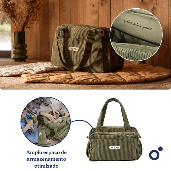 Mala de Maternidade Doomoo Fluffy em bombazine com 24 litros de capacidade, bolsa removível, muda-fraldas, bolsa térmica e acessórios para organizar todas as saídas com o bebé. Green
