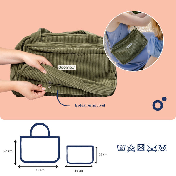 Mala de Maternidade Doomoo Fluffy em bombazine com 24 litros de capacidade, bolsa removível, muda-fraldas, bolsa térmica e acessórios para organizar todas as saídas com o bebé. Green