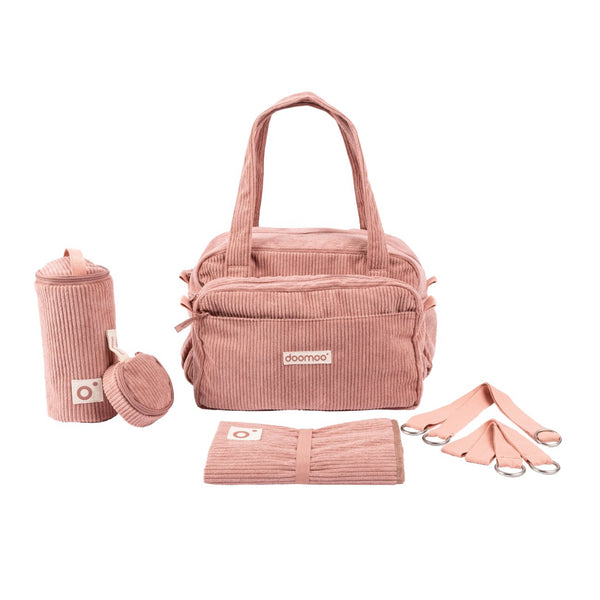 Mala de Maternidade Doomoo Fluffy em bombazine com 24 litros de capacidade, bolsa removível, muda-fraldas, bolsa térmica e acessórios para organizar todas as saídas com o bebé. Pink