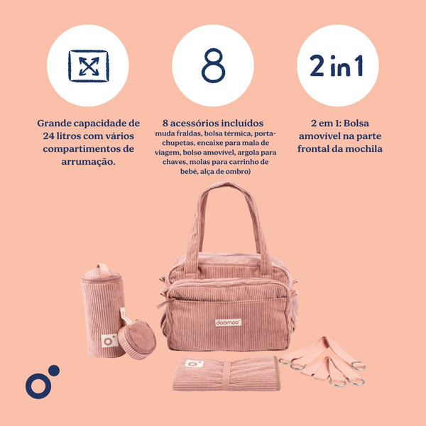 Mala de Maternidade Doomoo Fluffy em bombazine com 24 litros de capacidade, bolsa removível, muda-fraldas, bolsa térmica e acessórios para organizar todas as saídas com o bebé. Pink