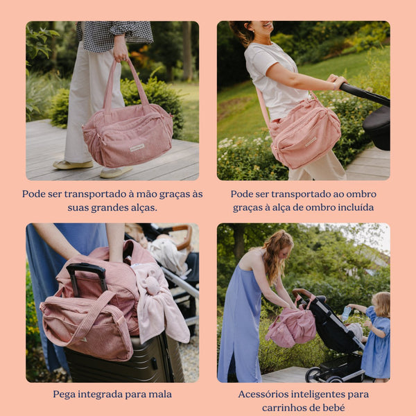 Mala de Maternidade Doomoo Fluffy em bombazine com 24 litros de capacidade, bolsa removível, muda-fraldas, bolsa térmica e acessórios para organizar todas as saídas com o bebé. Pink