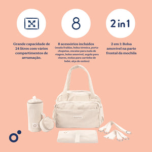 Mala de Maternidade Doomoo Fluffy em bombazine com 24 litros de capacidade, bolsa removível, muda-fraldas, bolsa térmica e acessórios para organizar todas as saídas com o bebé. Sand