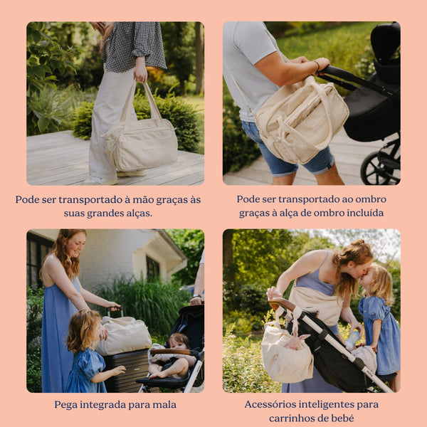 Mala de Maternidade Doomoo Fluffy em bombazine com 24 litros de capacidade, bolsa removível, muda-fraldas, bolsa térmica e acessórios para organizar todas as saídas com o bebé. Sand