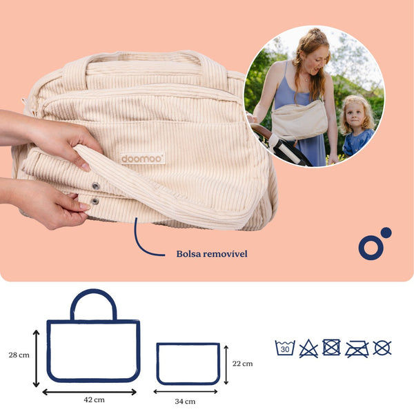 Mala de Maternidade Doomoo Fluffy em bombazine com 24 litros de capacidade, bolsa removível, muda-fraldas, bolsa térmica e acessórios para organizar todas as saídas com o bebé. Sand
