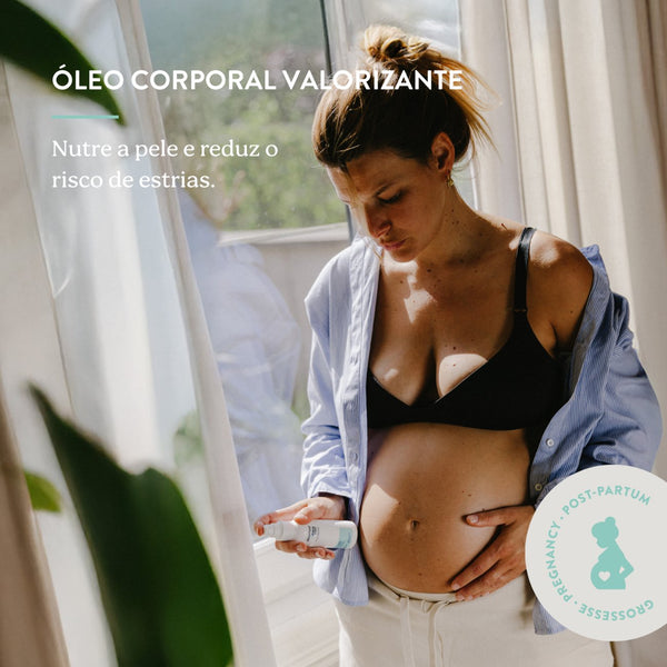 Óleo Corporal Antiestrias Doomoo x Shinncare com 23 ingredientes naturais, textura seca e rápida absorção para hidratar, melhorar a elasticidade da pele e ajudar a prevenir estrias durante a gravidez e pós-parto.