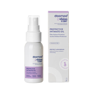 Óleo Íntimo Protetor Doomoo x Shinncare com óleos naturais, aloe vera e bisabolol para proteger, nutrir e aliviar a zona íntima durante a gravidez, pós-parto e uso diário.