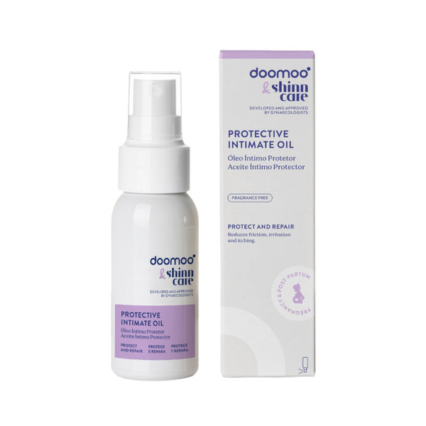 Óleo Íntimo Protetor Doomoo x Shinncare com óleos naturais, aloe vera e bisabolol para proteger, nutrir e aliviar a zona íntima durante a gravidez, pós-parto e uso diário.