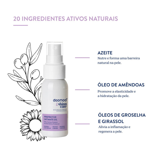 Óleo Íntimo Protetor Doomoo x Shinncare com óleos naturais, aloe vera e bisabolol para proteger, nutrir e aliviar a zona íntima durante a gravidez, pós-parto e uso diário.