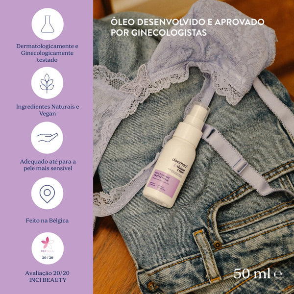 Óleo Íntimo Protetor Doomoo x Shinncare com óleos naturais, aloe vera e bisabolol para proteger, nutrir e aliviar a zona íntima durante a gravidez, pós-parto e uso diário.
