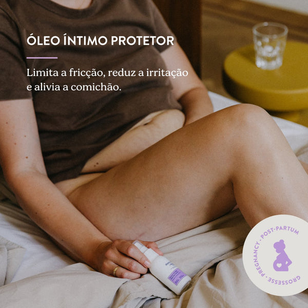 Óleo Íntimo Protetor Doomoo x Shinncare com óleos naturais, aloe vera e bisabolol para proteger, nutrir e aliviar a zona íntima durante a gravidez, pós-parto e uso diário.