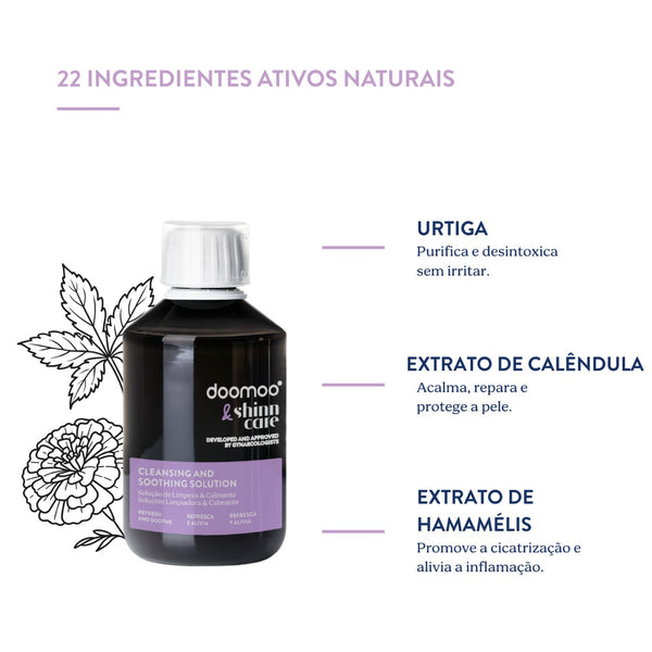 Solução de Limpeza e Calmante Doomoo x Shinncare com 22 ingredientes naturais para higiene íntima pós-parto, ajudando a acalmar, hidratar e favorecer a regeneração da pele sensível.